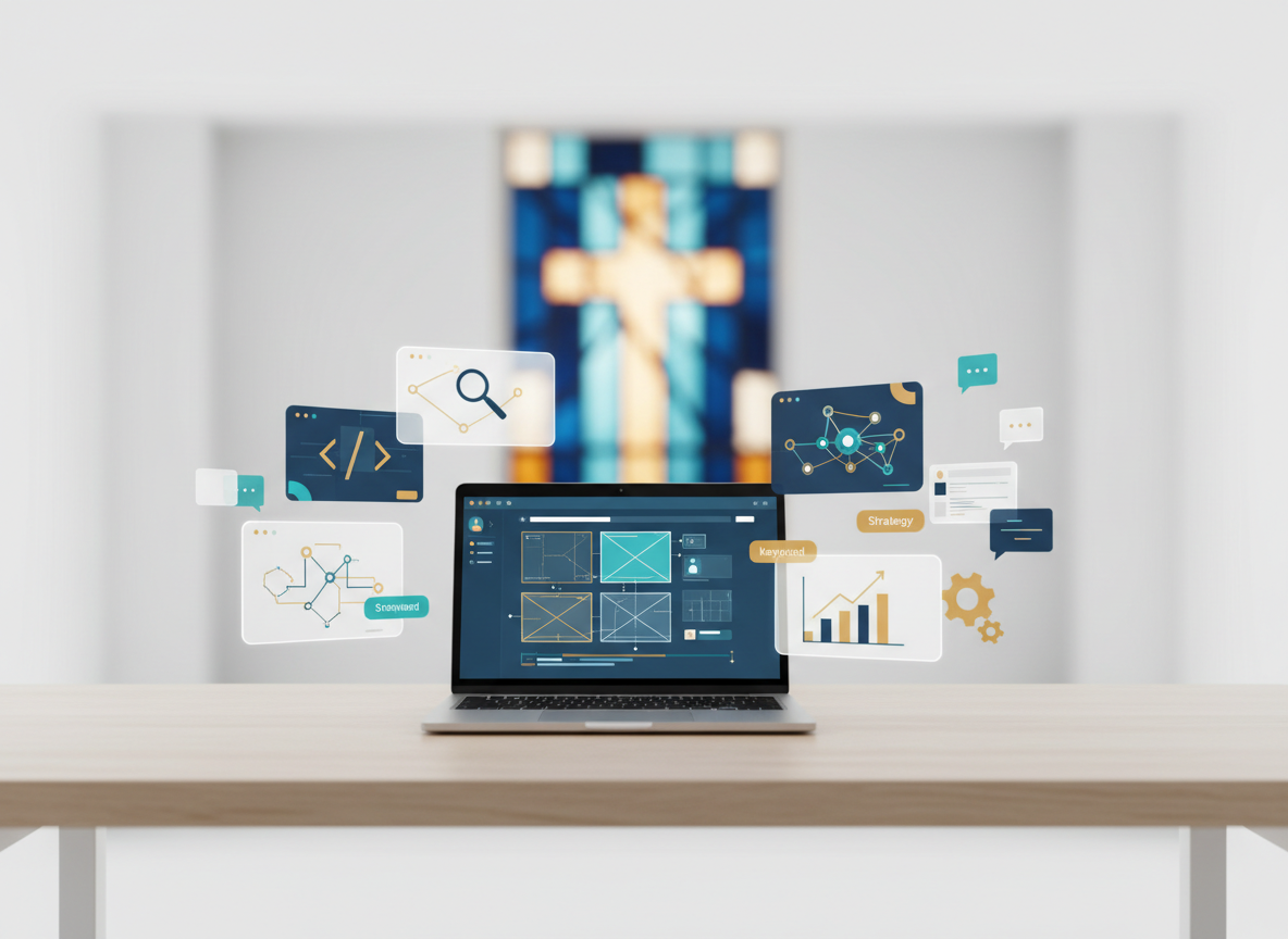 Modern church digital solutions — websites, SEO and social media floating around a laptop in a sanctuary
